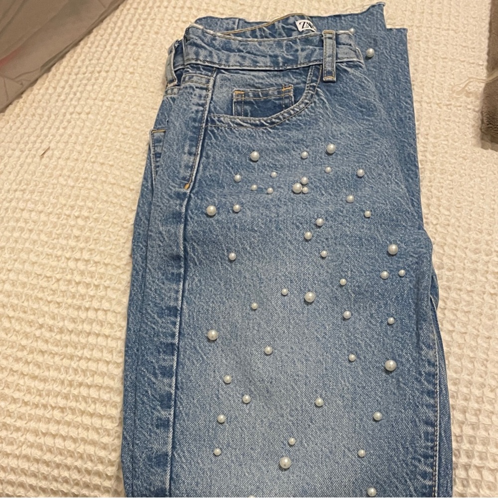 Zara Light Blue Straight Leg Jeans with Pearl Embellishments